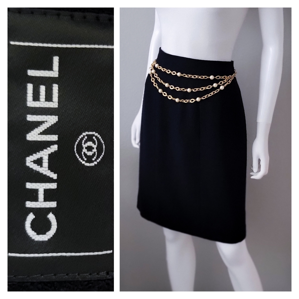 CHANEL Skirt • Coco CC Monogram Button • Silk Wool • France 42 • M 8